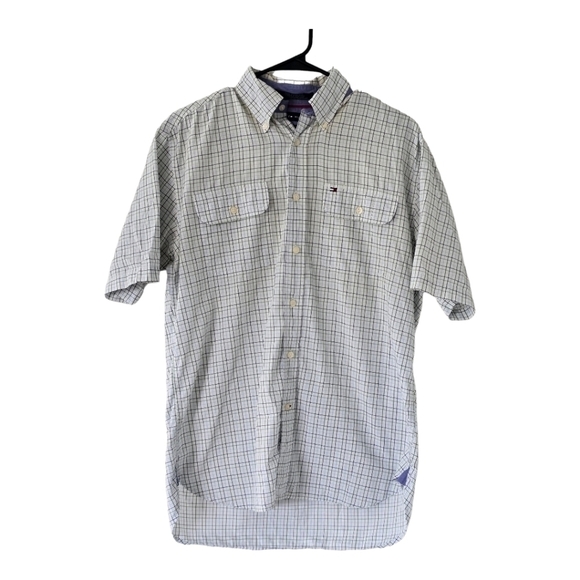 Tommy Hilfiger Shirt Men Sz S Button Up Gray Short Sleeve Striped Pockets Logo - Picture 1 of 9